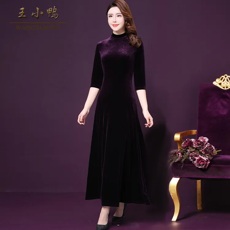 王小鸭W-TB-9394Z春秋新款女气质金丝绒长款修身晚宴时尚礼服裙子