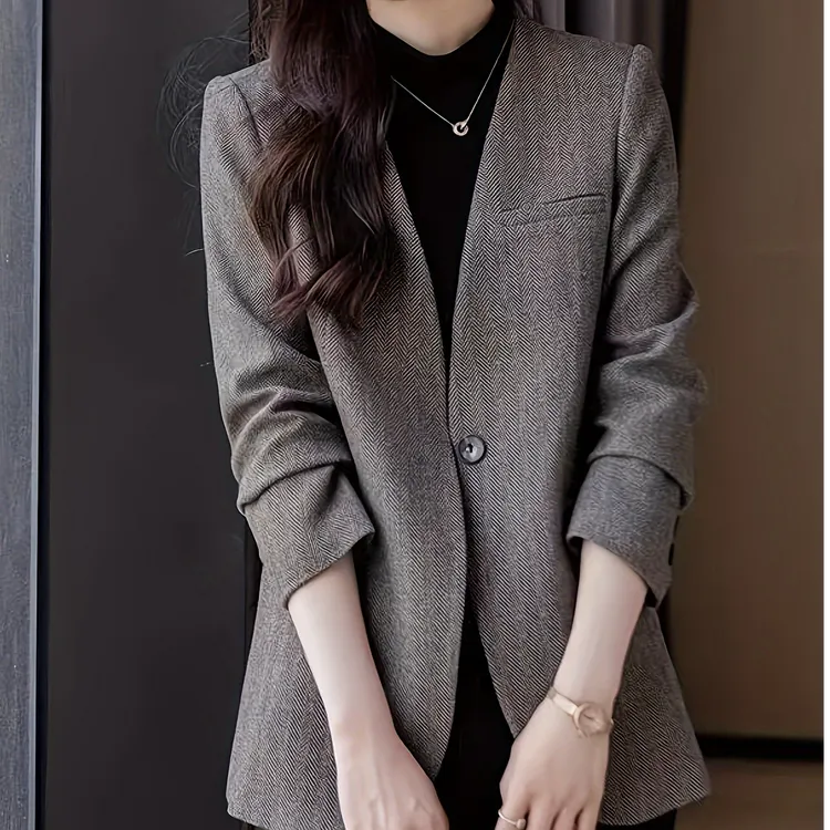 灰色无领西装外套女2025秋季新款职业通勤女装高级感小西服上衣