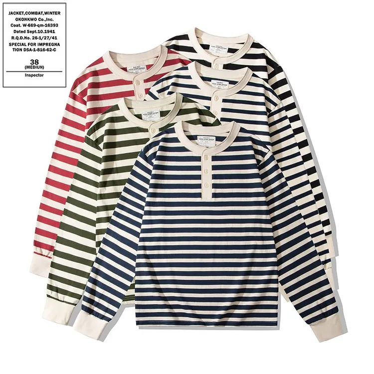 新款重磅230克纯棉条纹长袖亨利领T恤甲板海魂衫男女百搭打底衫秋