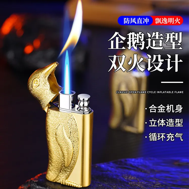 适用佐罗HB919双火直冲转换明火充气打火机金属立体浮雕企鹅打火