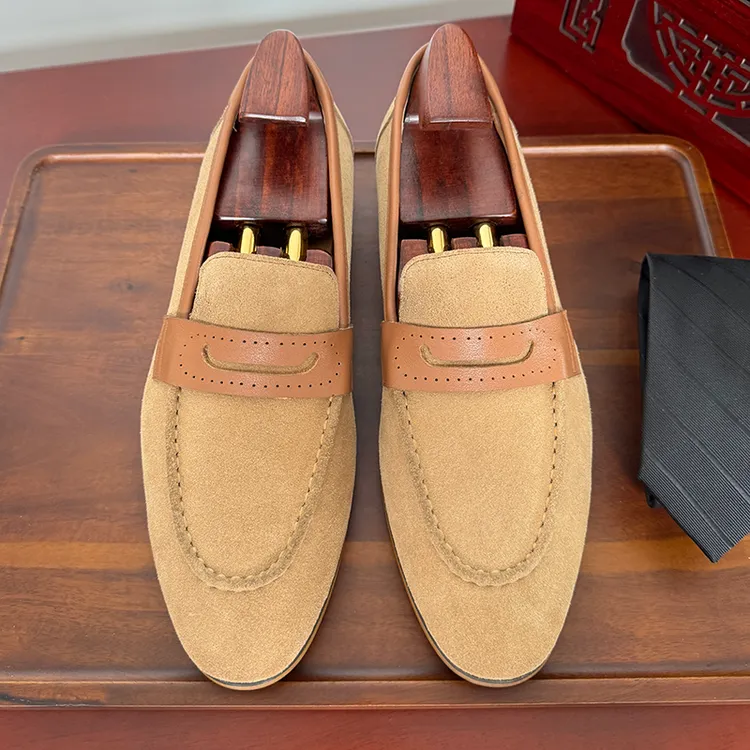 夏季真皮皮鞋男英伦套脚吸烟鞋男款卡其色休闲一脚蹬乐福鞋便士鞋