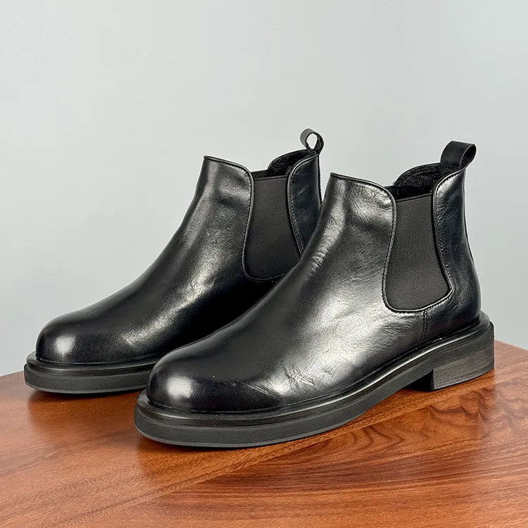 简约圆头切尔西靴男款青年潮流马皮打蜡高帮皮鞋懒人套脚真皮男靴