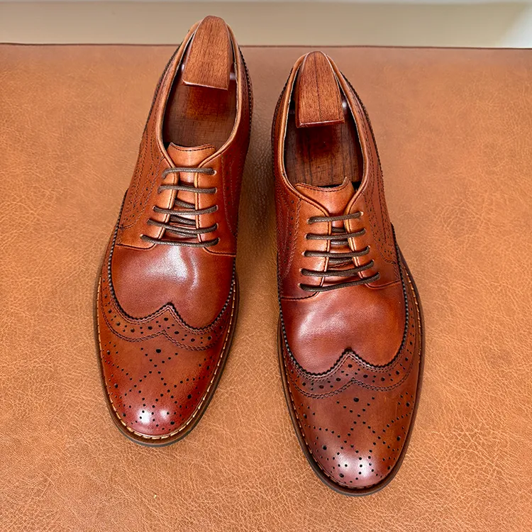 英伦风休闲厚底皮鞋男棕色真皮水洗复古布洛克雕花男鞋圆头德比鞋