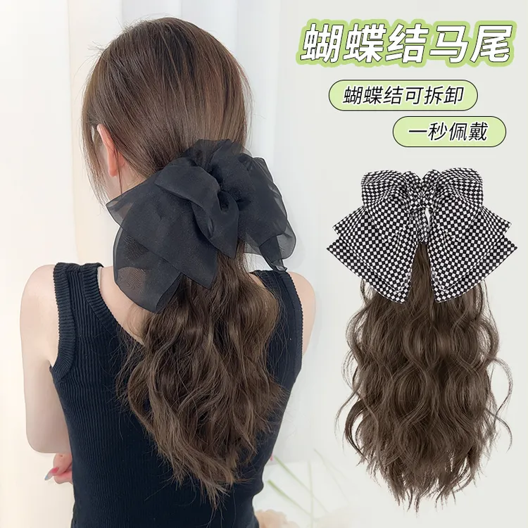 蝴蝶结云朵烫抓夹式仿真发气质女士时尚假发辫子洋气女款马尾假发