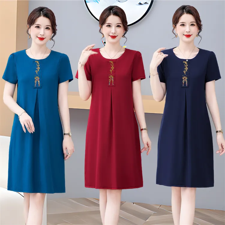 中老年妈妈夏装纯色短袖连衣裙圆领绣花舒适莫代尔棉中长款裙子