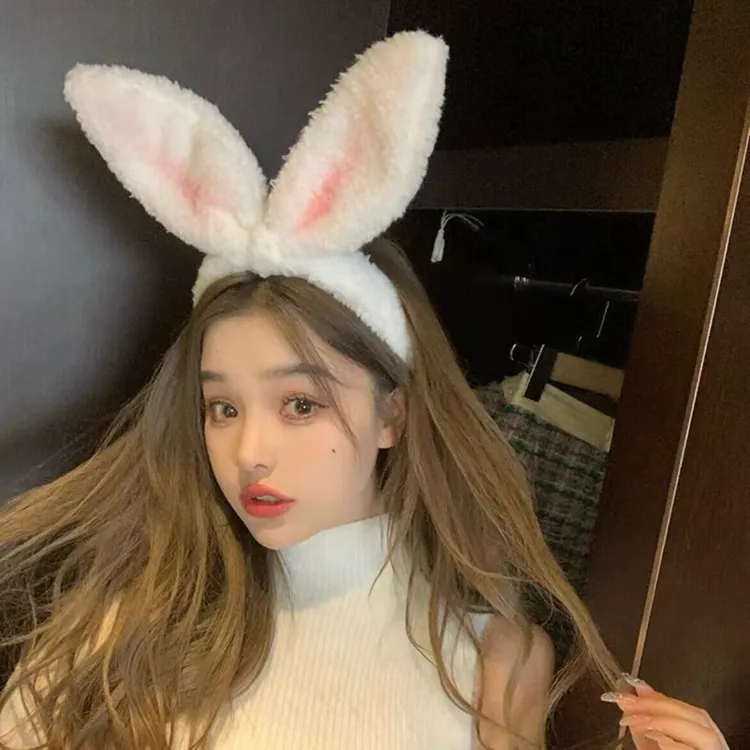 网红韩版毛绒兔耳朵洗脸面膜拍照专用头套头饰发饰搞怪毛绒发箍Z