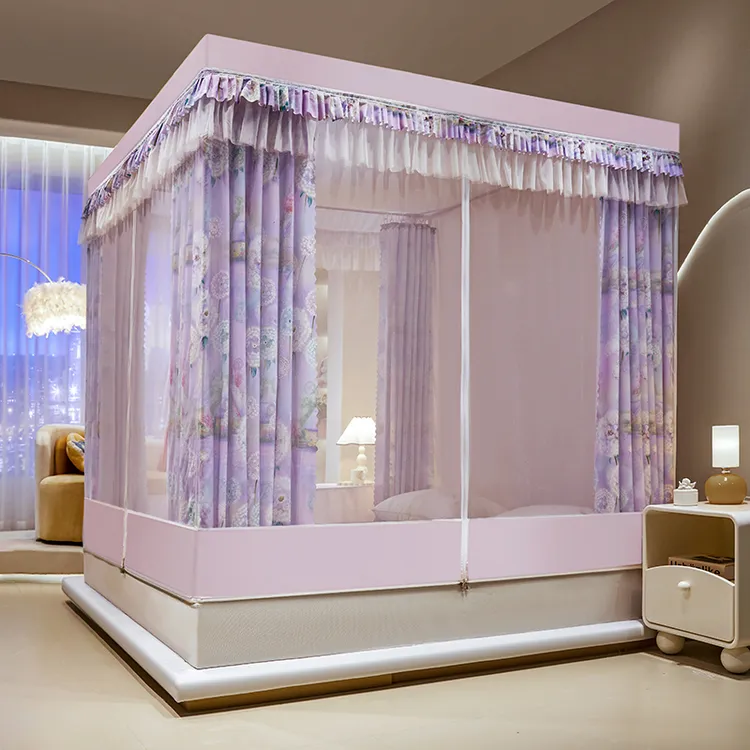 家用卧室三开门坐床式防摔掉床蚊帐防蚊遮光布帘回底床笠款防尘顶