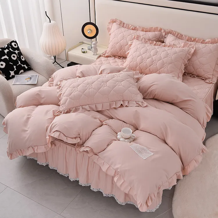 床上用品床笠式床裙四件套被套高端原棉大豆夹棉加厚被罩纯色床罩