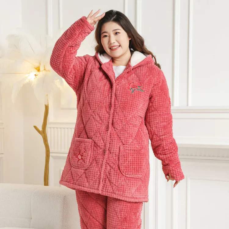 6XL加肥胖mm200斤加厚三层夹棉袄冬季珊瑚绒睡衣大码女大号家居服