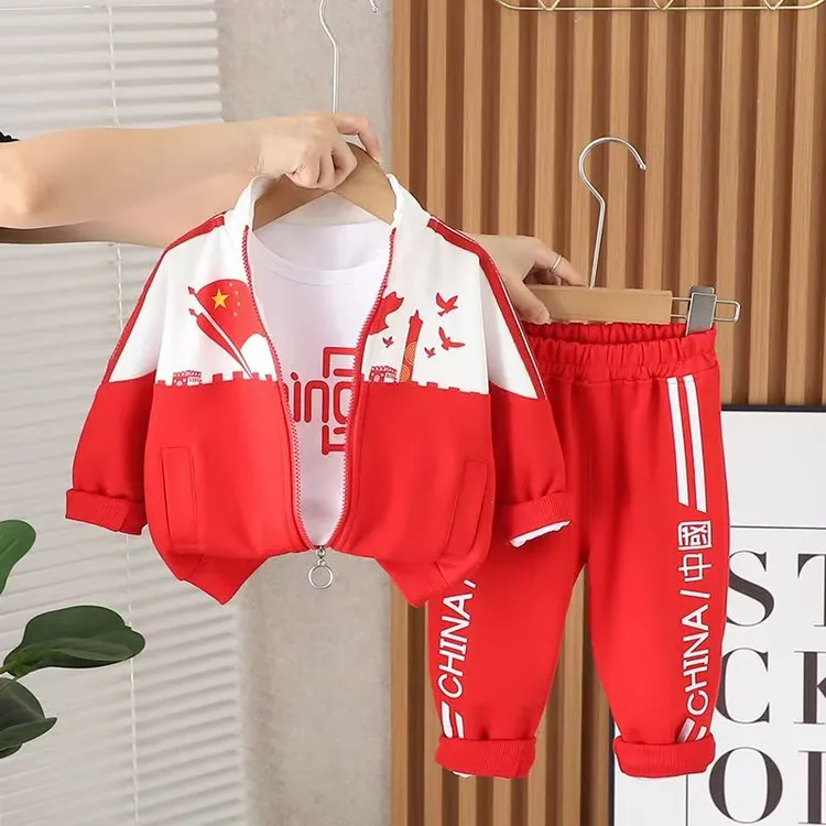 男童女童宝宝春季新款婴儿童装衣服多件套2025红色中国运动套装秋