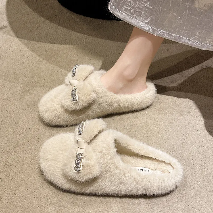 软底蝴蝶结毛毛拖鞋女外穿2025新款秋冬高级感厚底包头毛茸茸棉拖