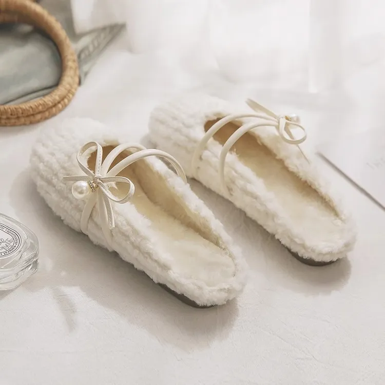 绝美版~网红秋冬季一脚蹬白色毛毛鞋包头半拖鞋女冬加绒外穿平底