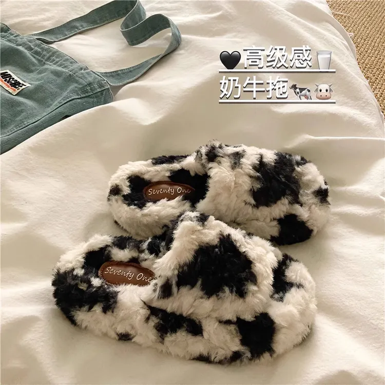 重工高级感~厚实INS小众奶牛毛毛拖鞋冬季厚底增高外穿一字棉拖鞋