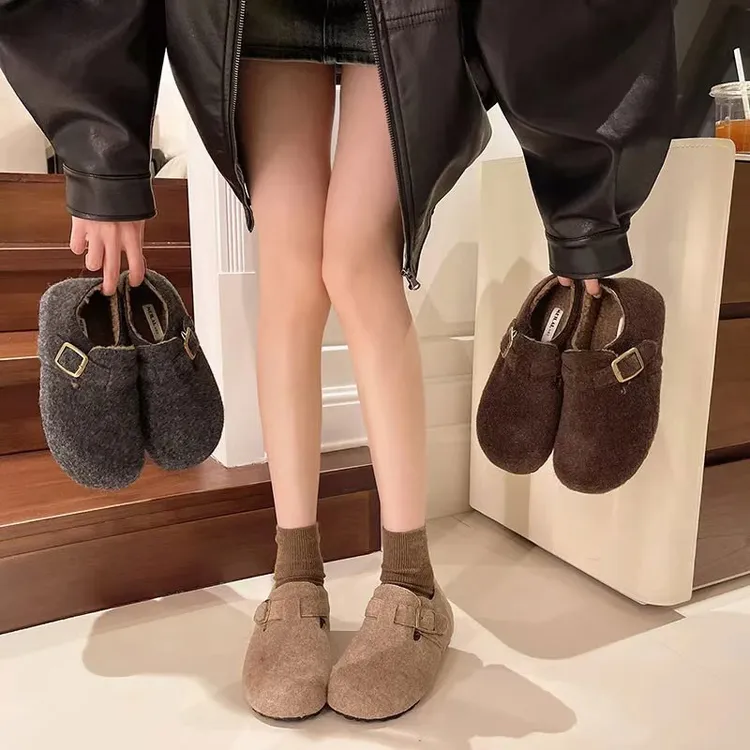 韩版冬季卷卷毛氛围感毛呢勃肯鞋内增高3cm！新款一脚蹬毛毛鞋棉鞋