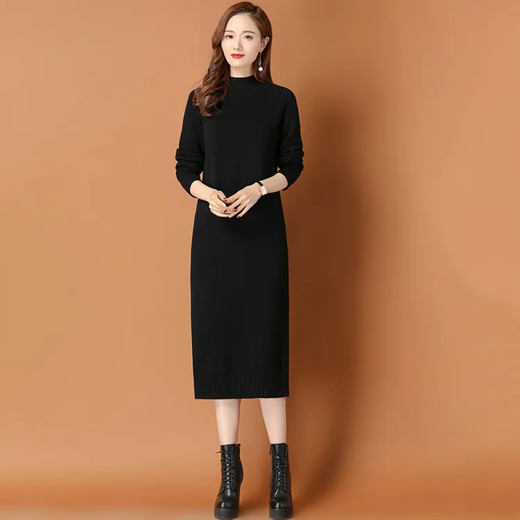 高档上档次羊毛衫女中长款百搭半高领打底衫配大衣过膝羊绒毛衣裙