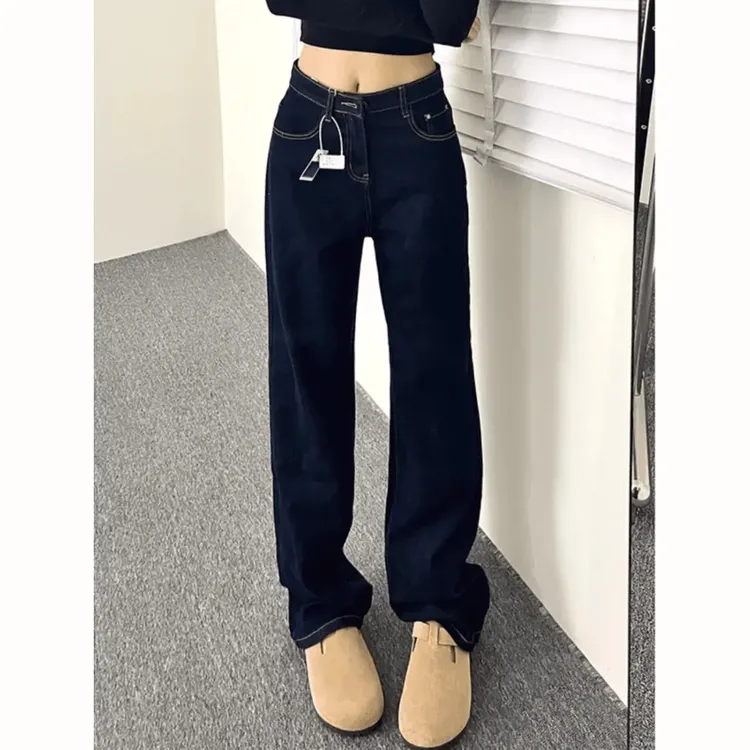 2025年秋装新款爆款深蓝色直筒牛仔裤女高腰显瘦百搭窄版阔腿裤