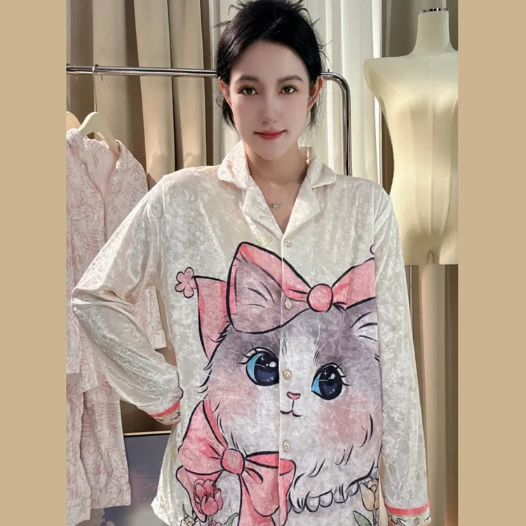 莎莎定制【喵喵】2023秋冬新款轻奢女士睡衣长袖可外穿丝绒家居服