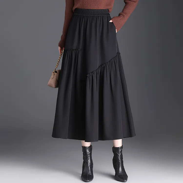 秋冬新款显瘦半身裙高腰松紧腰a字裙遮胯大摆中长款加厚裙子黑色