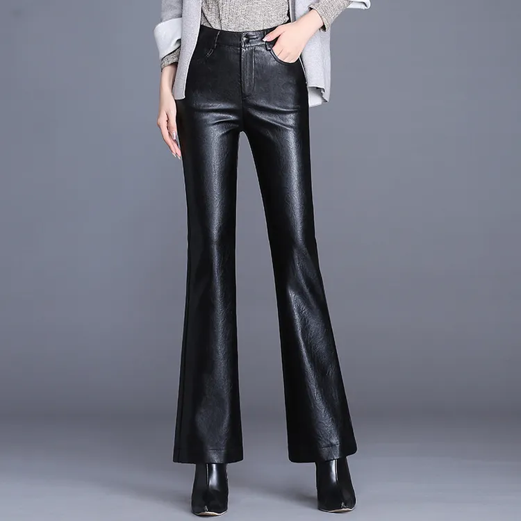 皮裤女秋冬微喇裤长裤新款加绒pu高腰显瘦休闲大码九分阔腿喇叭裤