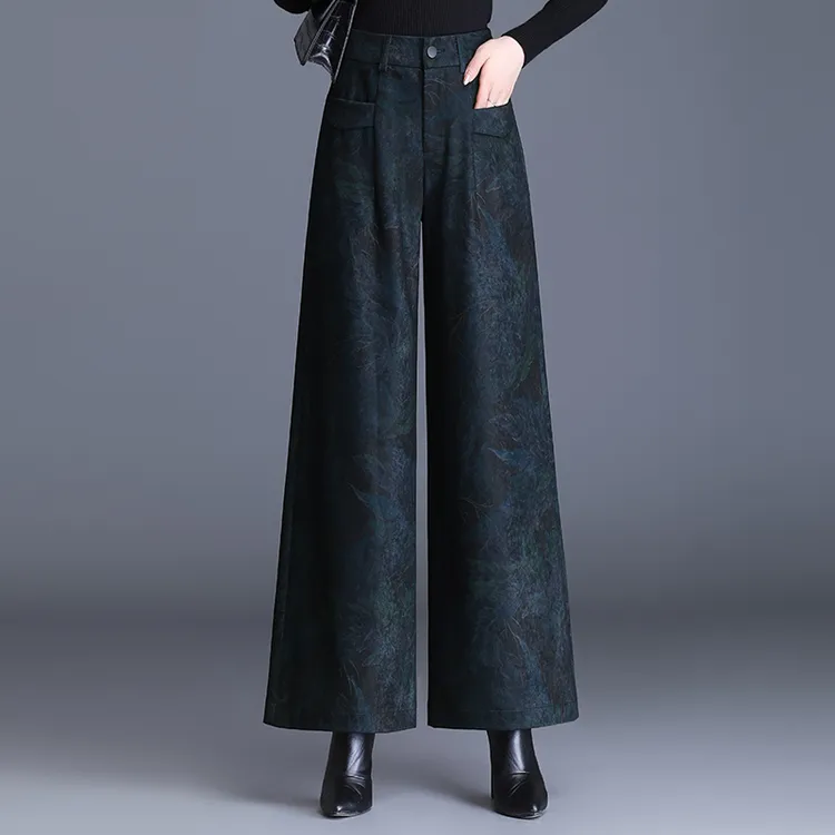 毛呢印花直筒阔腿裤女2025秋冬新款高腰显瘦休闲裤长裤花色直筒裤