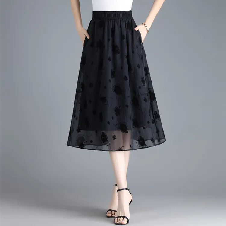 植绒欧根纱印花半身裙子春秋季女夏季中长款松紧高腰显瘦A字纱裙