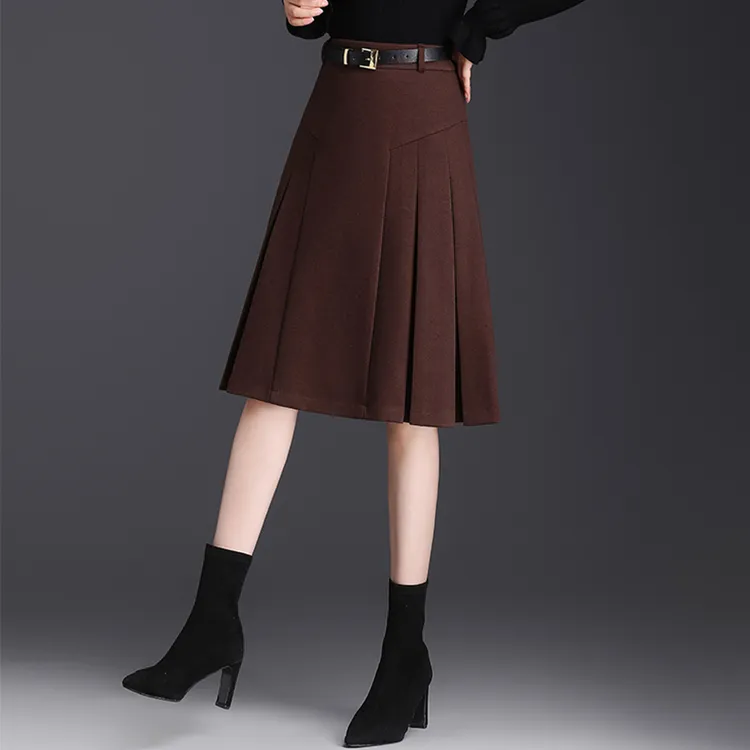 毛呢裙a字半身裙女加厚秋冬季新款高腰小个子半裙百搭百褶裙中裙