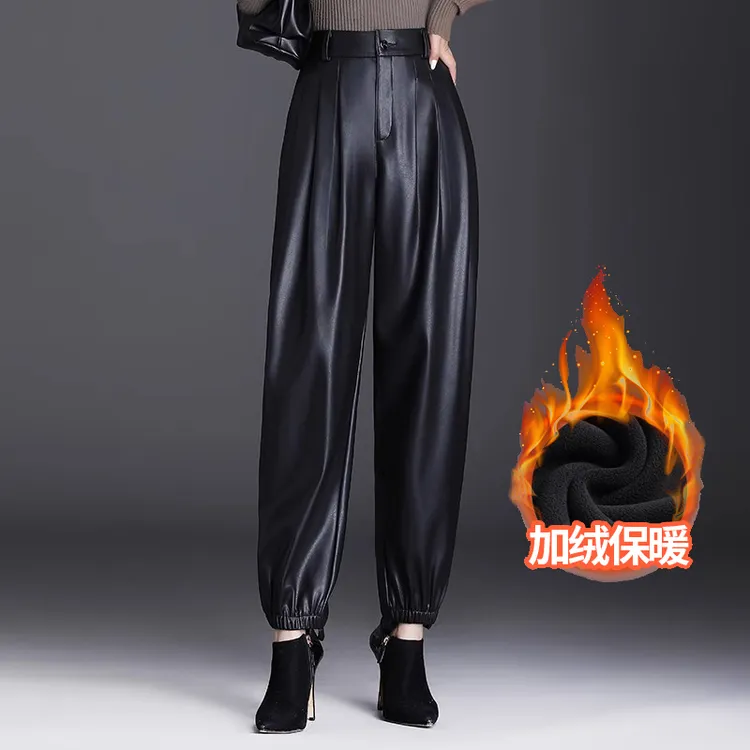 外穿皮裤女哈伦裤秋冬加绒高腰萝卜裤2025新款宽松束脚裤休闲长裤