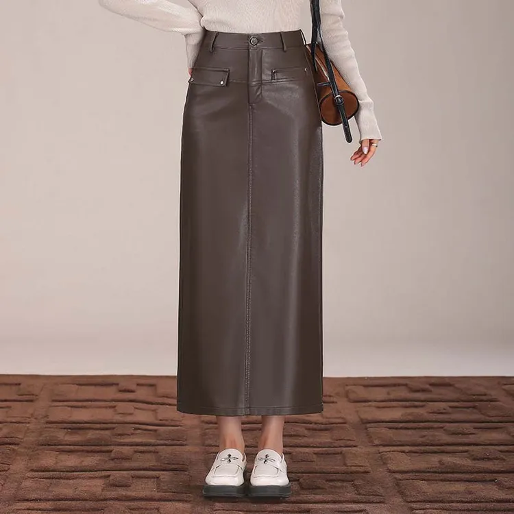 时尚长款皮裙半身裙女2025年秋冬新款直筒裙高腰显瘦包臀铅笔裙