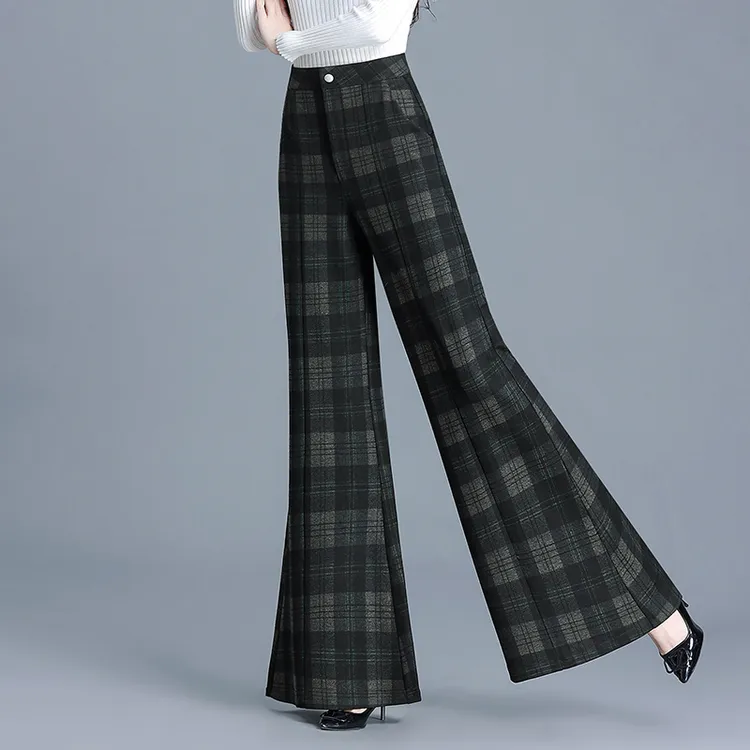 时尚喇叭裤阔腿大脚裤长裤宽松女高腰秋冬保暖毛呢阔脚甩裤格子裤