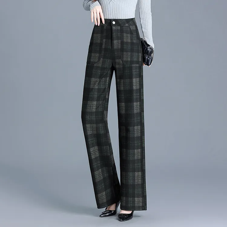 时尚秋冬新款加厚保暖毛呢格子直筒裤高腰阔腿显瘦窄版女士休闲裤