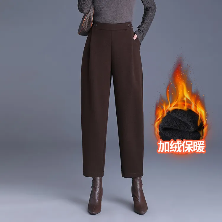 高腰阔腿萝卜裤女秋冬哈伦裤时尚新款宽松加绒九分小脚毛呢休闲裤