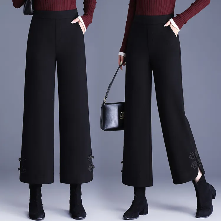 羊 毛呢裤子秋冬加厚高腰显瘦阔腿裤时尚九分中年妈妈直筒裤春季