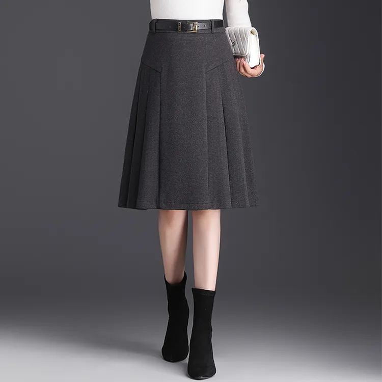 毛呢a字半身裙女2025秋冬新款高腰中长小个子半裙百搭灰色百褶裙