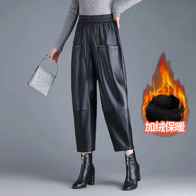 时尚皮裤pu皮哈伦裤女秋冬新款女装宽松显瘦松紧腰八分休闲裤靴裤