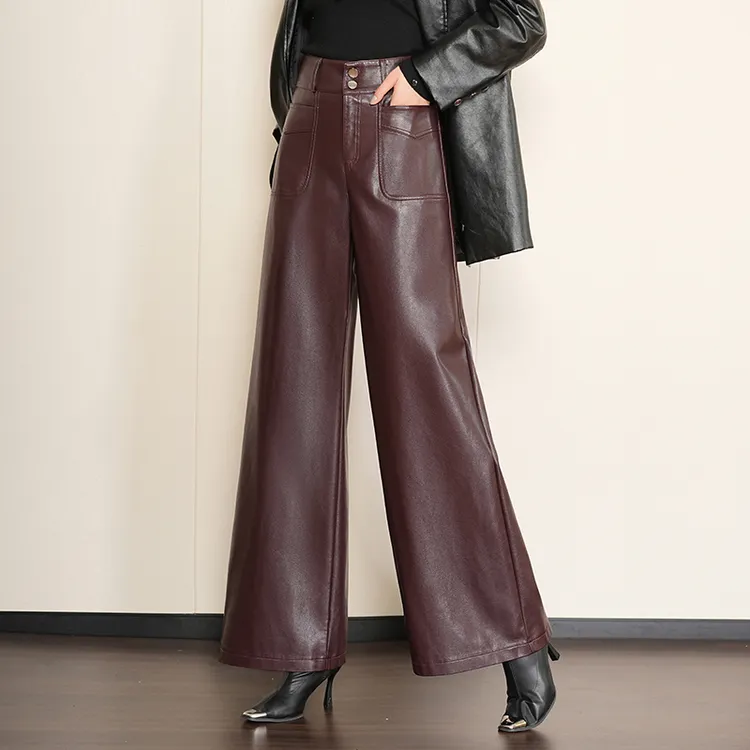 秋冬新款时尚皮裤阔腿裤女垂感宽松气质显瘦百搭pu皮休闲长款裤子