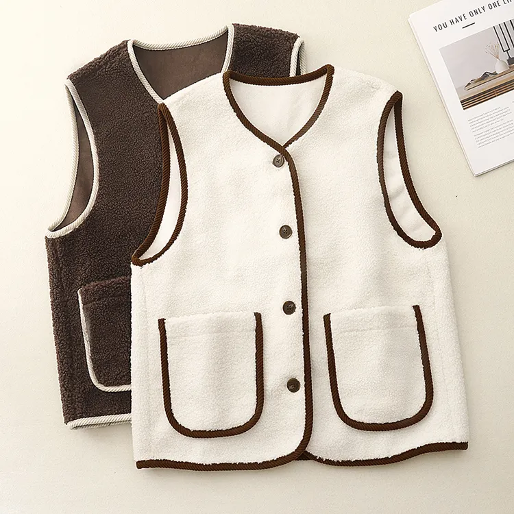 秋冬马夹女撞色简约复古叠穿外套冬季新款仿羊羔毛外套甜美