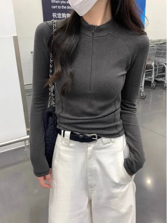 德绒T恤半高领拉链上衣女春季秋冬2025设计感鱼骨长袖内搭打底衫
