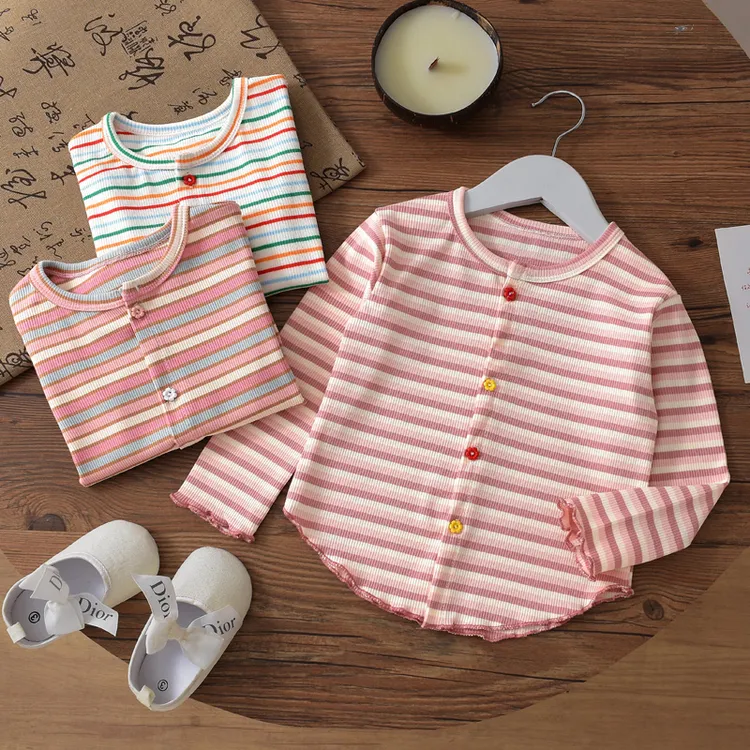 2024新款女童长袖开衫外穿上衣春秋季女宝宝条纹针织百搭时尚童装