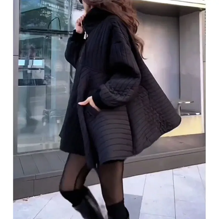 法式小众宽松连帽黑色娃娃款棉服欧洲站2024冬季新款百搭拉链外套