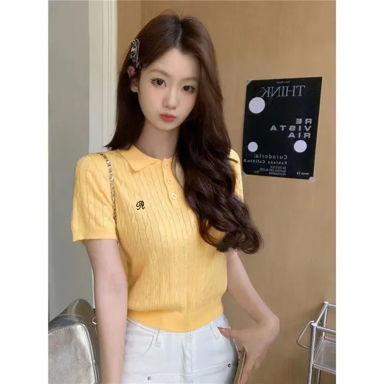 针织女白色POLO领短款学院风麻花短袖街头兔绒小众炸街高级感女装