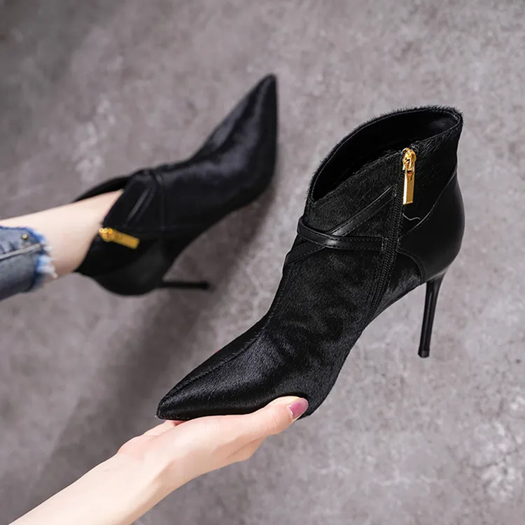 【真马皮】细跟短靴尖头百搭黑色性感裸靴秋冬加绒高跟鞋976