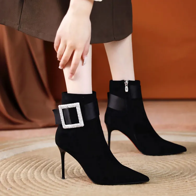 黑色百搭短靴女细跟尖头水钻秋冬季裸靴高跟鞋女905-29短靴女高跟