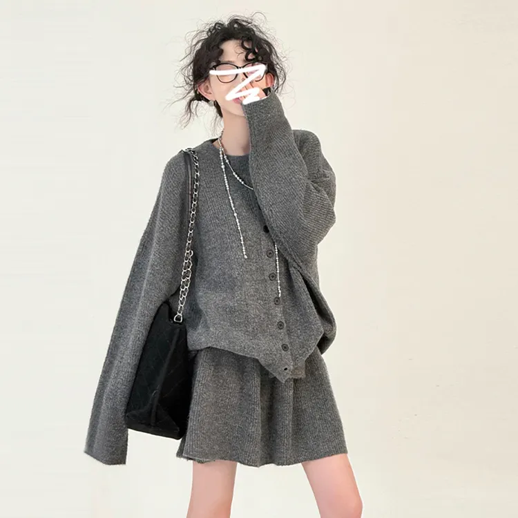 YM7236显瘦气质针织套装宽松百搭休闲慵懒风毛衣两件套韩版毛裤女