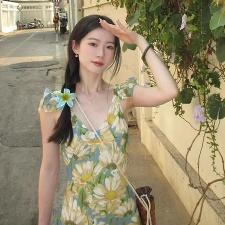 YM0841海边度假沙滩吊带花朵连衣裙子女夏新款茶歇法式小个子长裙