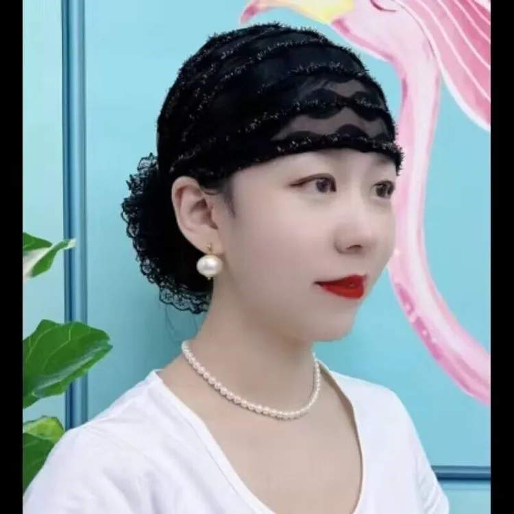 新款夏季波浪纹透气网纱发带帽遮白发收碎发蕾丝薄款包头帽妈妈帽