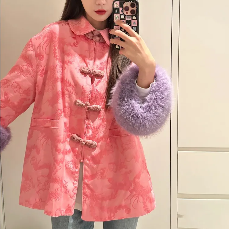 春秋新款沈梦辰同款复古唐装粉色龙凤提花外套宽松新中式国风上衣