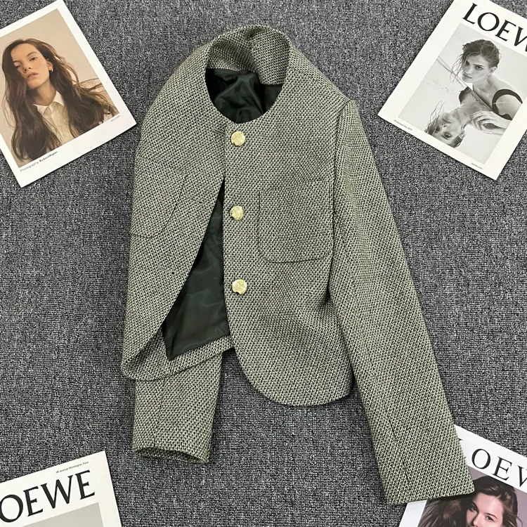 URIR淡绿色小香风西装外套女秋冬新款设计感气质休闲百搭小西服潮