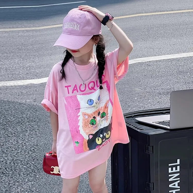 遮屁股中长款女童t裙2025新款时尚夏季宽松短袖纯棉T恤半袖上衣潮