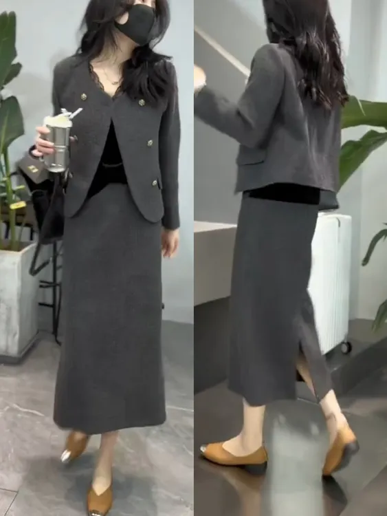 秋季新款大码胖mm时尚女装休闲减龄气质显瘦长袖外套半身裙两件套