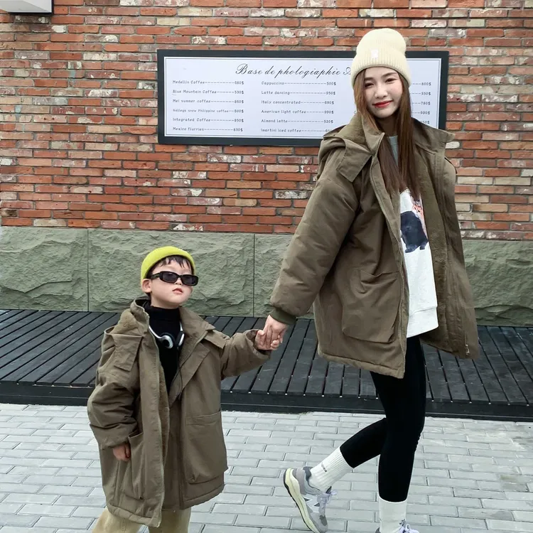 亲子装派克服冬季外套儿童情侣连帽中长款加绒加厚保暖韩版秋冬款